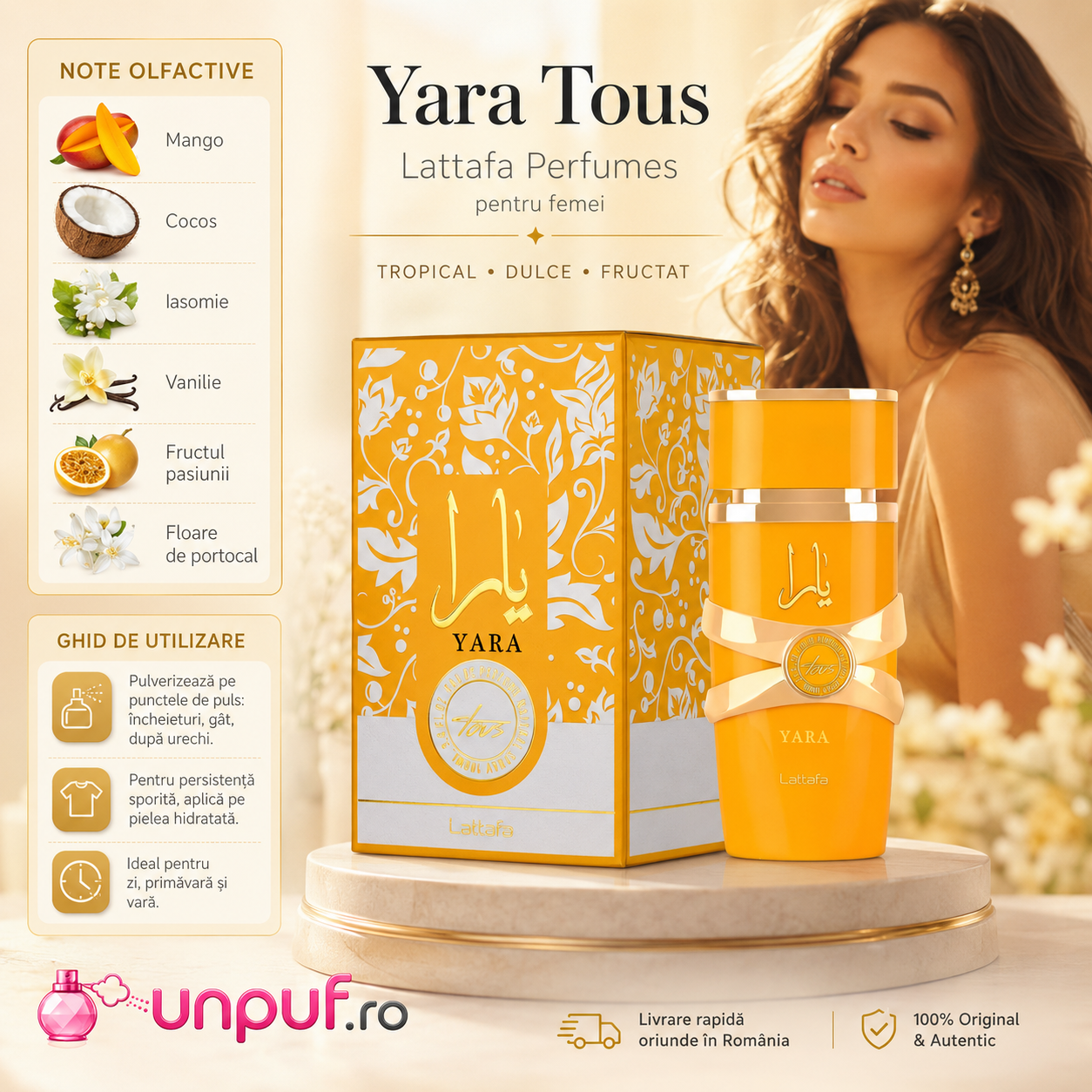 Note olfactive și ghid de utilizare Lattafa Yara Tous parfum arabesc de damă cu mango, cocos, iasomie, vanilie și fructul pasiunii